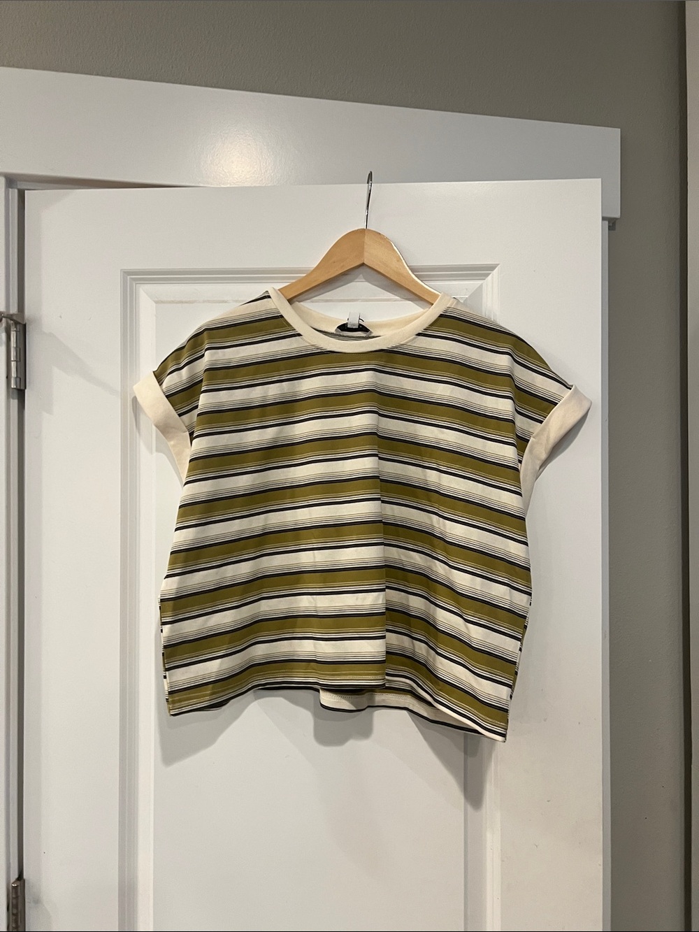 Striped Cropped Tee in Olive & Cream